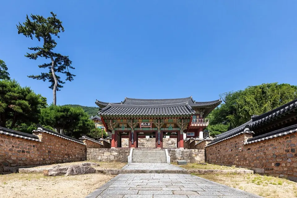 Burimun gate and a pine tree at Beomeosa Temple in Geumjeong-gu