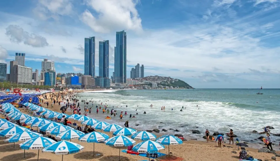 Haeundae Beach and the Busan waterfront skyline in Haeundae-gu