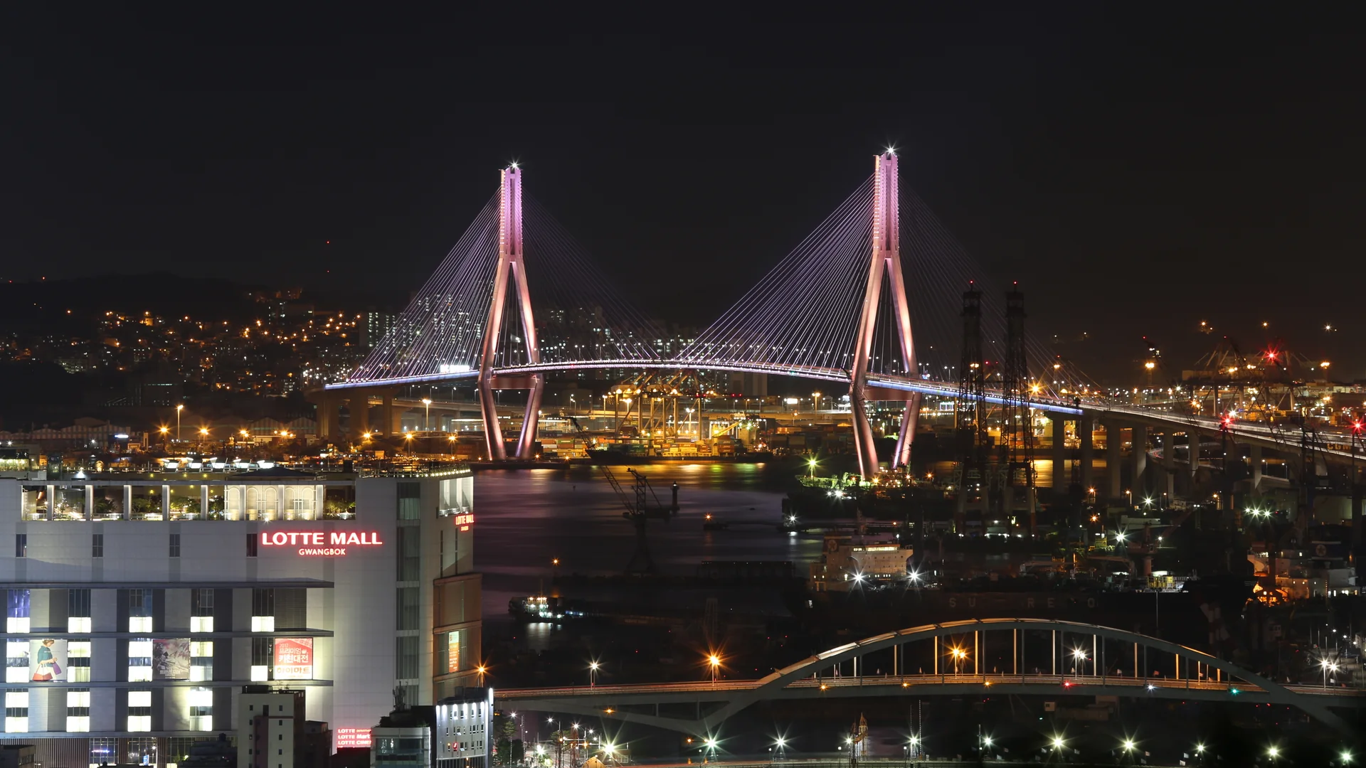 Busan Port Bridge and harbour lights photographed at night